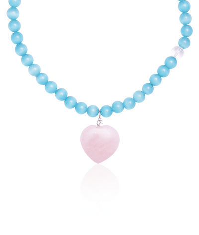 Blue Bead necklace with pink stone heart