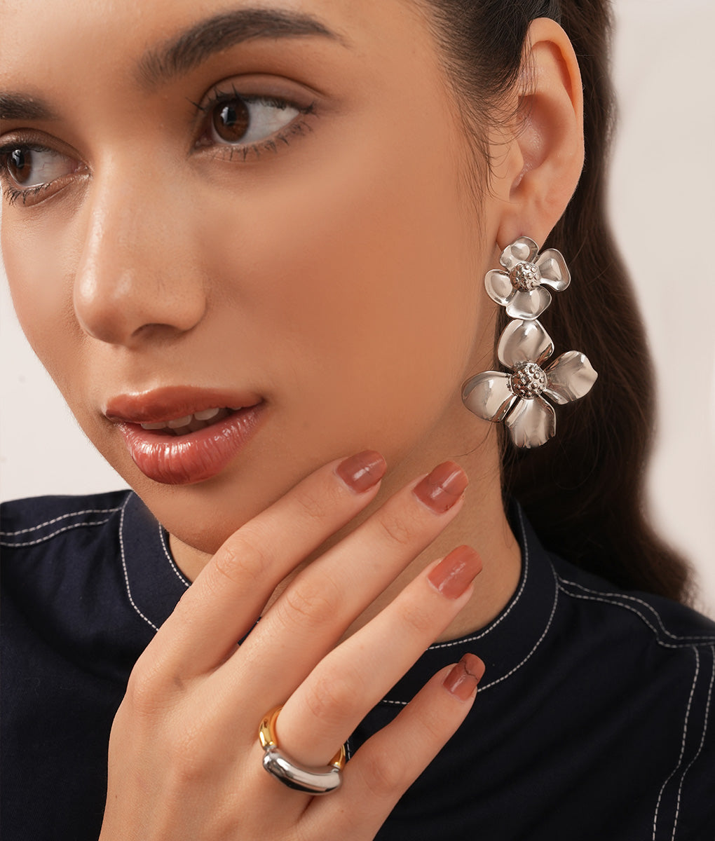 silver flower dangling earrings