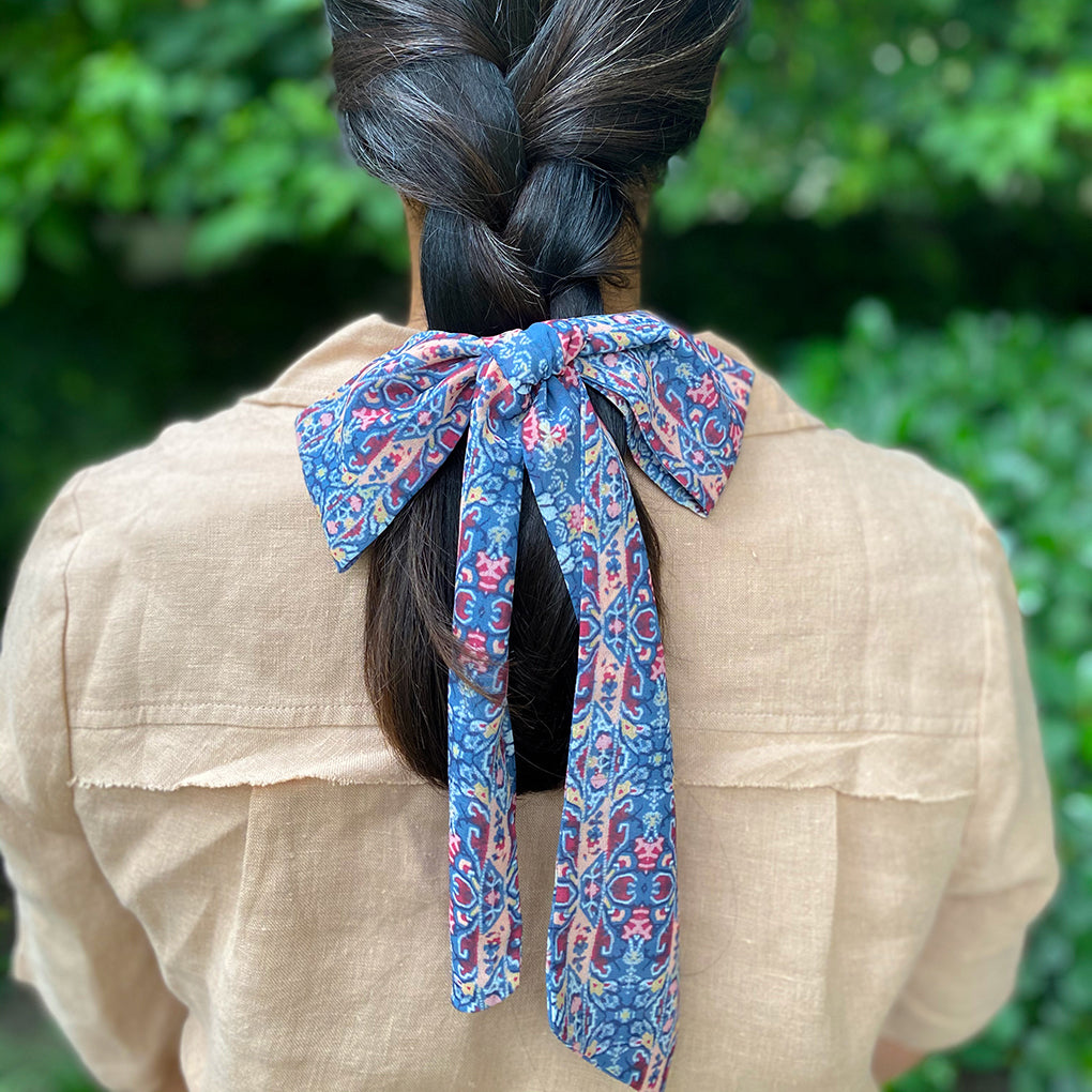 blue printed ribbon bow for hair 